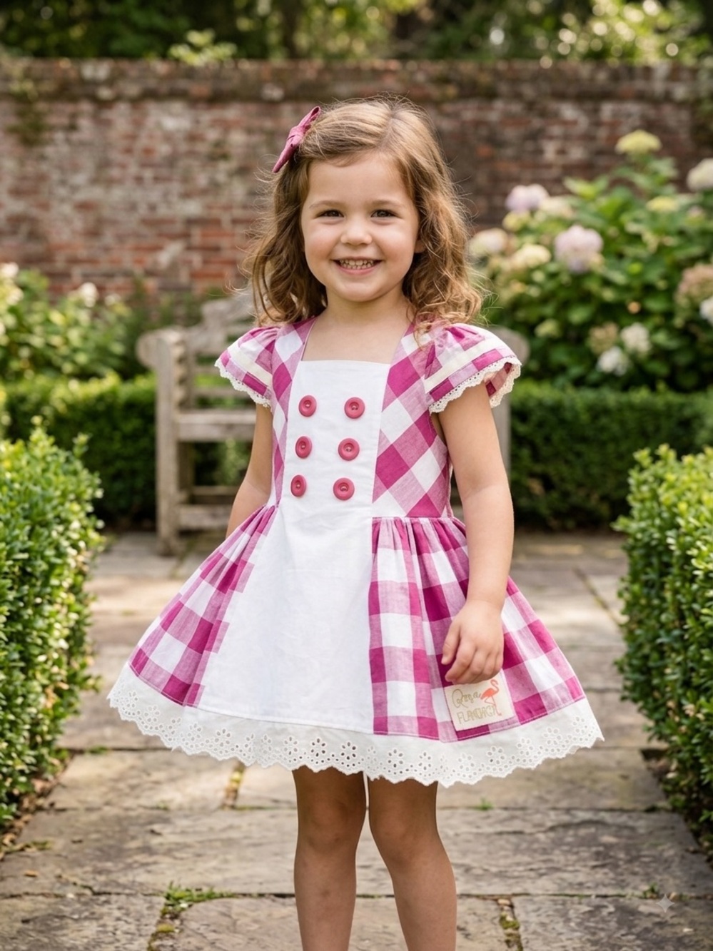 Rosa Flamenco Girls Pink Gingham Stripe Size 4 Summer Dress Big Bow